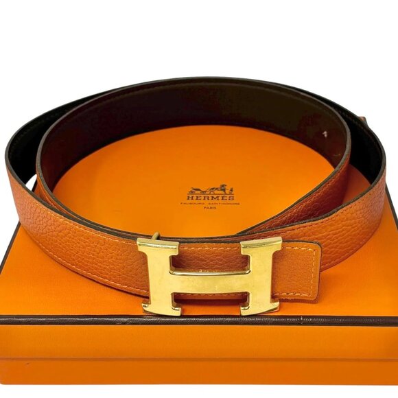 HERMES Vintage Logo Constance Belt #95 Accessory Orange Gold Leather - Picture 4 of 10